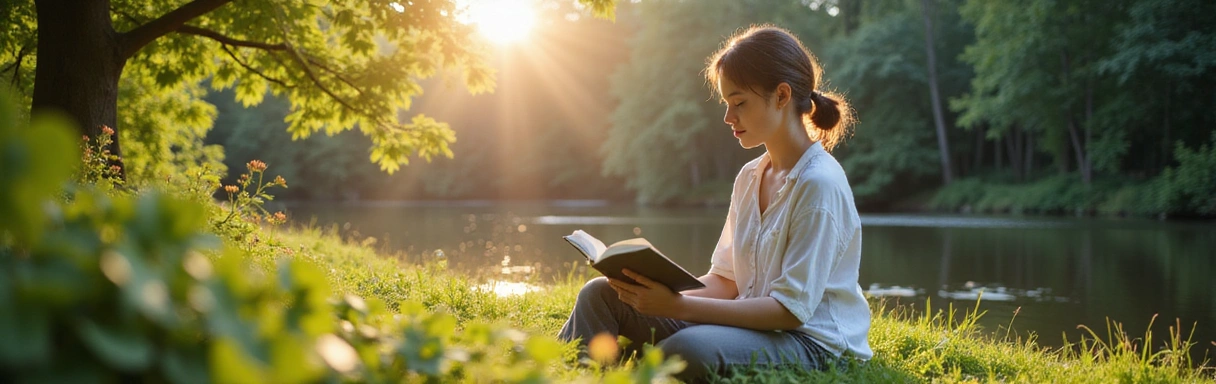 Inspiring image of a person reading a book in a serene natural setting, symbolizing knowledge and wellness