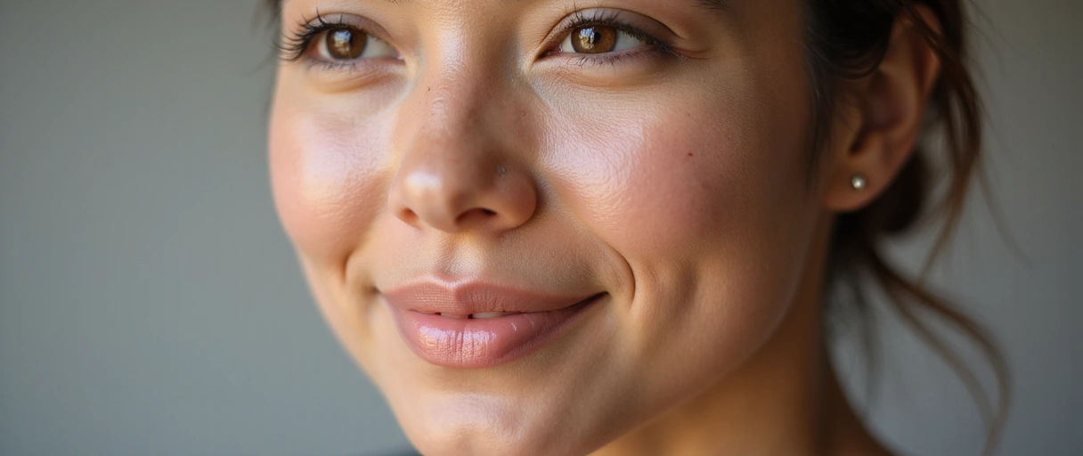 A woman with radiant, healthy skin smiling gently, with soft natural light highlighting her features.
